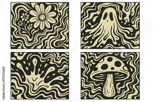 Vintage 70s Psychedelic A4 Posters Set with Hand-Drawn Flowers, Ghost, Splash, and Spotted Mushroom, Liquid Texture, Groove Style, Halloween and Retro Vector Illustration