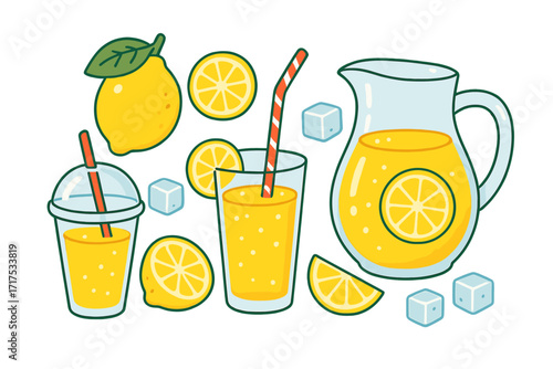 Refreshing lemonade set with lemon slices, ice cubes, striped straws, plastic and glass cups, pitcher for fresh lemonade, citrus juice, detox drink summer vector icons