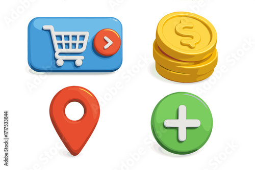 3D online shopping icon set for e-commerce banner. Vector cartoon render illustration of UI elements. Includes shopping cart button, money coins, geotag pin, and add icon.