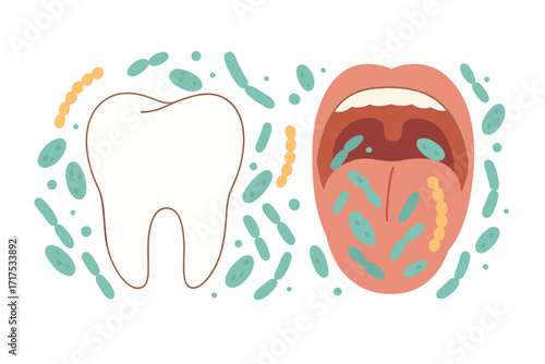 Oral microbiome concept. Healthy probiotic bacteria in human mouth. Tooth and tongue microbiota, lactobacillus, streptococcus. Dental health flora. Flat vector illustration.