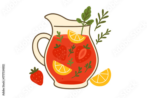 Summer red detox drink organic lemonade in glass jug with fresh strawberries, lemon slices, green herbs, refreshing natural homemade beverage, flat hand-drawn vector illustration