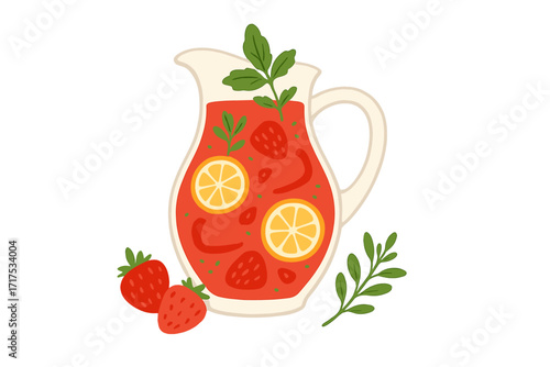 Summer red detox drink with organic lemonade, fresh strawberries, and green herbs in glass jug. Refreshing homemade beverage, natural summer fruit infusion illustration.
