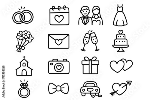 Wedding doodle icons set, vector cartoon illustration collection with bride and groom, rings, bouquet, dress, cake, church, gift, camera, bow tie and romantic symbols in black outline style