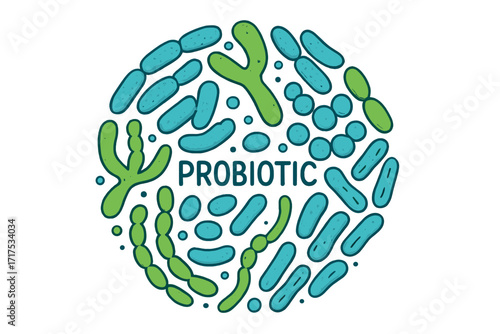 Probiotic bacteria vector illustration. Gut microbiota and microbiome science concept for digestive health. Healthy prebiotic bacillus, lactobacillus, and bifidobacteria cells set.
