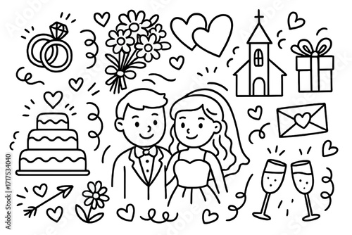Wedding invitation doodle card with bride and groom, church, rings, bouquet, cake, gift, champagne, love hearts, arrow, flower vector cartoon illustration set
