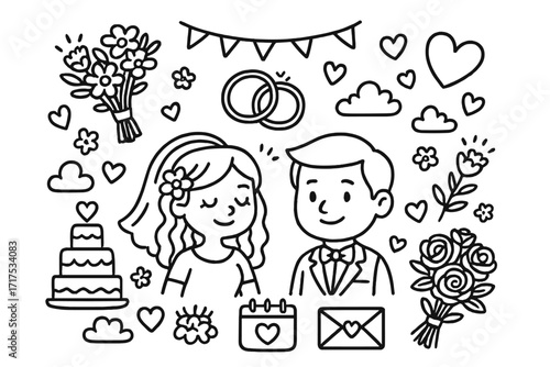 Wedding invitation doodle card with bride and groom, wedding rings, floral bouquets, cake, hearts, love symbols, calendar, and envelope, romantic vector cartoon illustration set