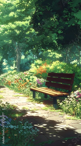 The park bench is located in the center of an open space surrounded by trees and flowers