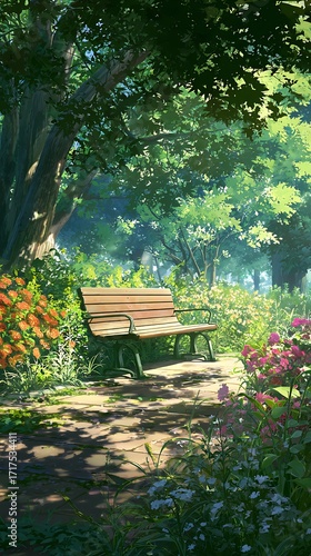The park bench is located in the center of an open space surrounded by trees and flowers