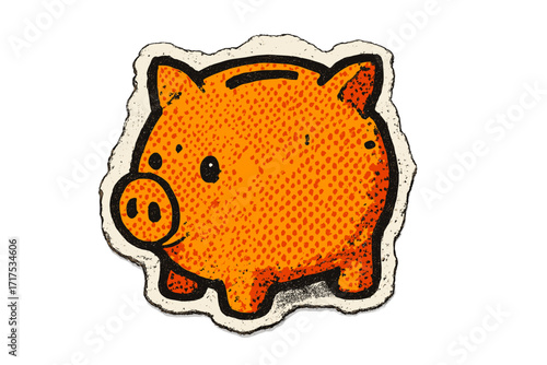 Piggy bank pop art style vector illustration. Halftone collage torn paper sticker effect. Vintage grunge cartoon for concepts of saving money, finance, investment, and economy.