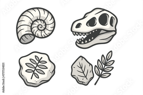 Prehistoric fossil set with dinosaur skull, ammonite shell, ancient leaf imprint. Paleontology icons. Archeology vector graphic. Jurassic period monochrome illustration.