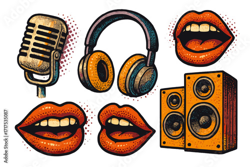 Retro music collage elements set. Vintage microphone, headphones, singing mouths, speakers. Pop art comic halftone vector illustration for disco, karaoke, concert poster design.