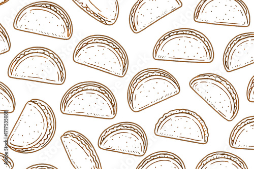 Seamless pattern of Mexican empanadas in corn tortillas, Latin American food vector outline illustration, hand-drawn style, traditional snack, contour sketch seamless design