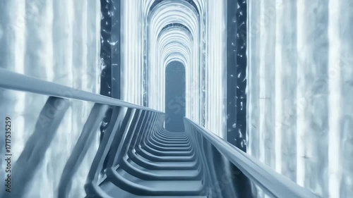A serene, futuristic ice tunnel with glowing blue arches.
