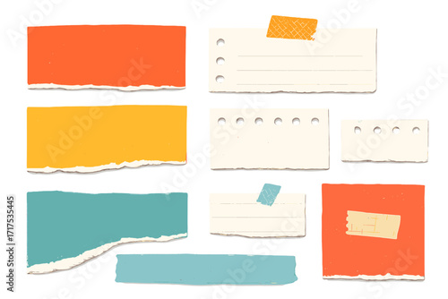 Set of torn colorful paper backgrounds and notebook paper strips with textured tape decoration, rough hand-drawn style, vector cartoon illustrations for creative design and scrapbooking