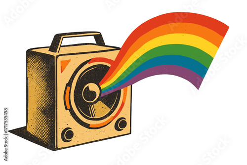 Retro loudspeaker with rainbow sound wave. Pride month LGBTQ+ concept. Vintage paper collage style illustration with halftone effect. Vector banner or greeting card template.