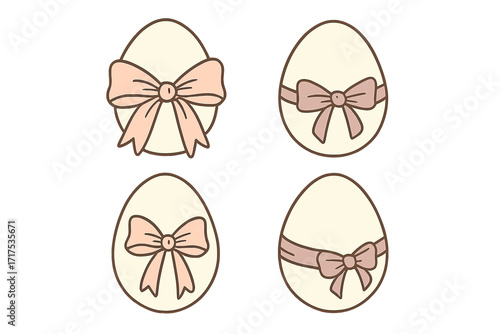 Elegant Easter egg set with coquette bows and ribbons. Cute vintage aesthetic in pastel colors. Holiday contour vector illustration. Hand drawn icons for spring celebration.