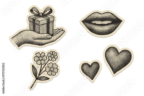Vintage collage kit. Halftone paper torn out elements set. Retro hand with gift box, mouth, flowers, hearts for Mother's Day. Creative scrapbook vector illustration.