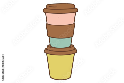 Stacked cute three coffee paper cups in pastel colors with happy coffee lettering and creative concept. Vector flat hand-drawn illustration for coffee shop, cafe, takeaway drink.