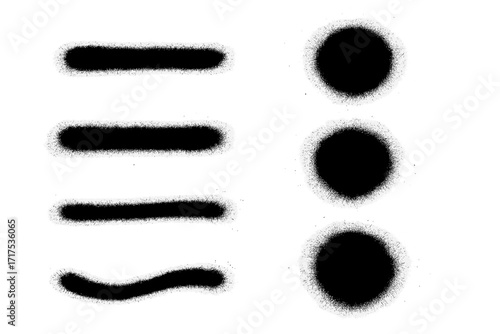 Spray paint elements set. Graffiti lines and dots collection. Urban street art aerosol textures. Grunge splatter shapes, dirty strokes, black circles and artistic ink brushes.