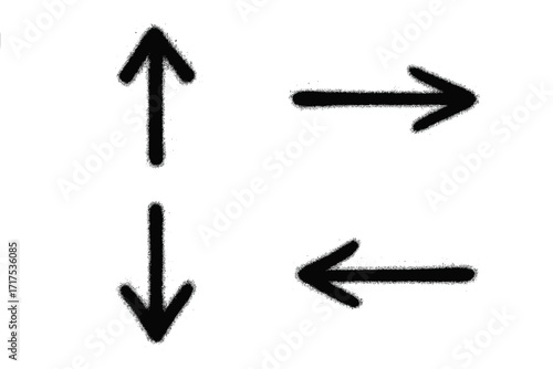 Set of spray painted urban graffiti arrows. Stencil street art design elements. Black grunge texture aerosol paint illustration. Direction, navigation, way, path symbols isolated.