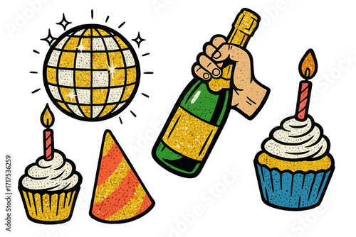 Birthday party vector elements set. Retro pop art style cliparts with glitter texture. Hand with champagne, cupcake with candle, disco ball and party hat collection illustration.
