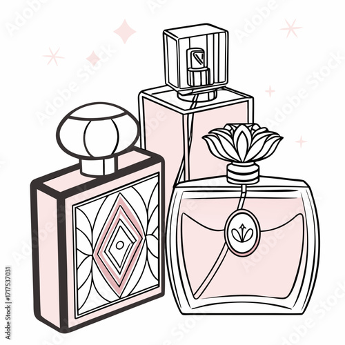 Vector flat luxury perfume collection with metallic accents, stylish modern beauty vector.