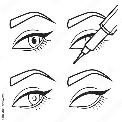 Vector flat minimal eyeliner wing tutorial steps as icons, stylish line art design.