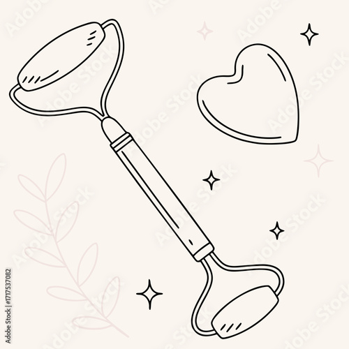 Vector flat spa face roller and gua sha set, stylish minimal outline with modern beauty vibe.