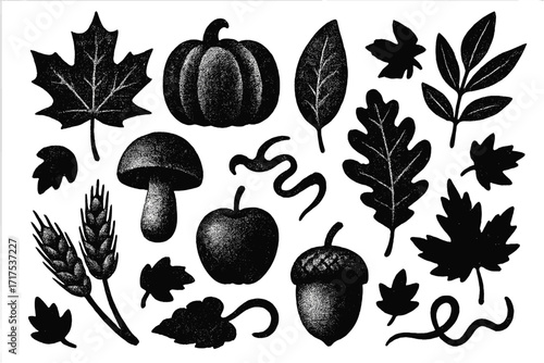 Trendy grungy autumn elements set. Retro negative photocopy effect with mesh grain halftone texture. Vector icons for collage, posters, banners, covers. Fall, harvest concept.