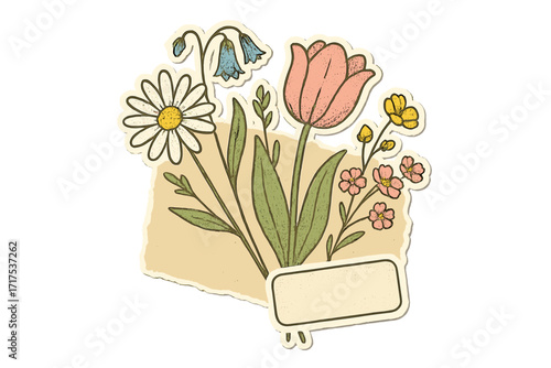 Floral bouquet sticker collage with wild spring flowers. Retro Mothers day greeting card element. Vintage halftone paper clipping with tulip, daisy and blank label tag.