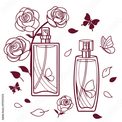Vector perfume atomizer bottles with blooming roses and butterflies, stylish feminine line art.