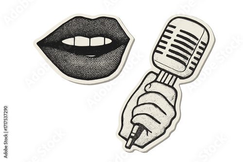 Trendy halftone collage with mouth and hand holding a microphone. Retro pop art elements cut out from a magazine. Vintage audio, sound, music, and broadcast concept vector.