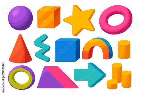 Big set of universal trendy textured geometric bright bold shapes. 3D brutalism vector elements. Cartoon illustration with clay or plasticine effect. Abstract design forms.