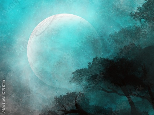 Crescent moon in the sky and shadows of treetops, dark branches. Digitally drawn background illustration on tablet, used for background, not Ai.
