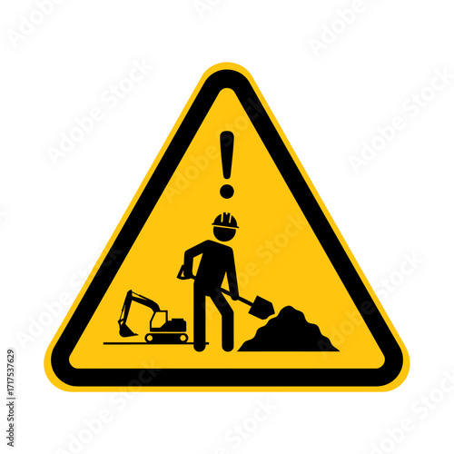 Under construction warning sign with a worker digging with a shovel and an excavator machine, isolated on a white background