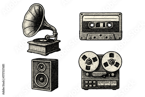 Retro music equipment set. Vintage gramophone, cassette, speaker, reel-to-reel tape recorder. Halftone dot vector illustration. Antique audio technology, analog sound concept.