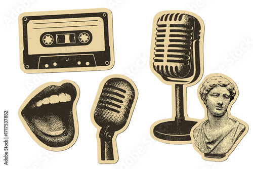 Vintage music halftone collage set. Retro audio cassette, microphone, singing mouth, antique statue vector elements. Paper cut-out sticker pack for podcast, radio, or song.