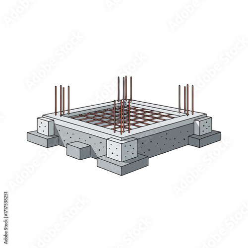 Illustration of a concrete foundation with rebar reinforcement, ready for construction.