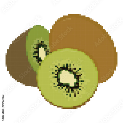 Tropical pixel kiwi fruit in peel cut, juicy pulp of exotic green kiwi in cartoon style for games and websites, gaming user interface, fruit icon on white background