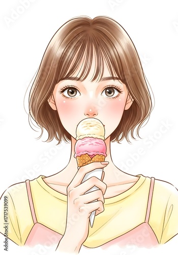 アイスクリームを食へる可愛い女の子のイラスト無料素材
