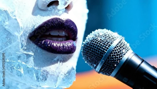 Frozen Lips Singing Into Sparkling Microphone