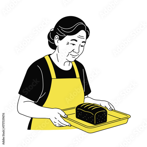Vector art of elderly woman holding a freshly baked loaf of bread