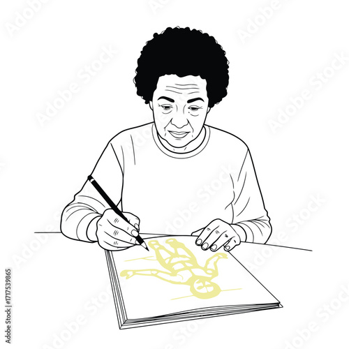 Vector art of elderly woman drawing on paper with pencil