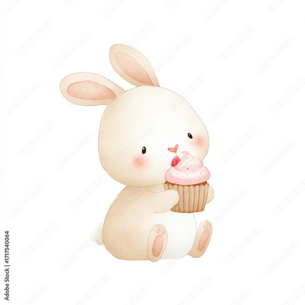 Obraz premium Adorable Watercolor Bunny Enjoys a Delicious Pink Cupcake Treat, Sweet Delight