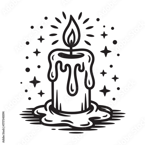 Monochrome Tattoo Style Candle with Flame, Wax Dripping and Glowing Light, Surrounded by Stars and Dots, Vintage Charm
