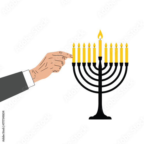 Vector art of hand lighting a candle on a menorah