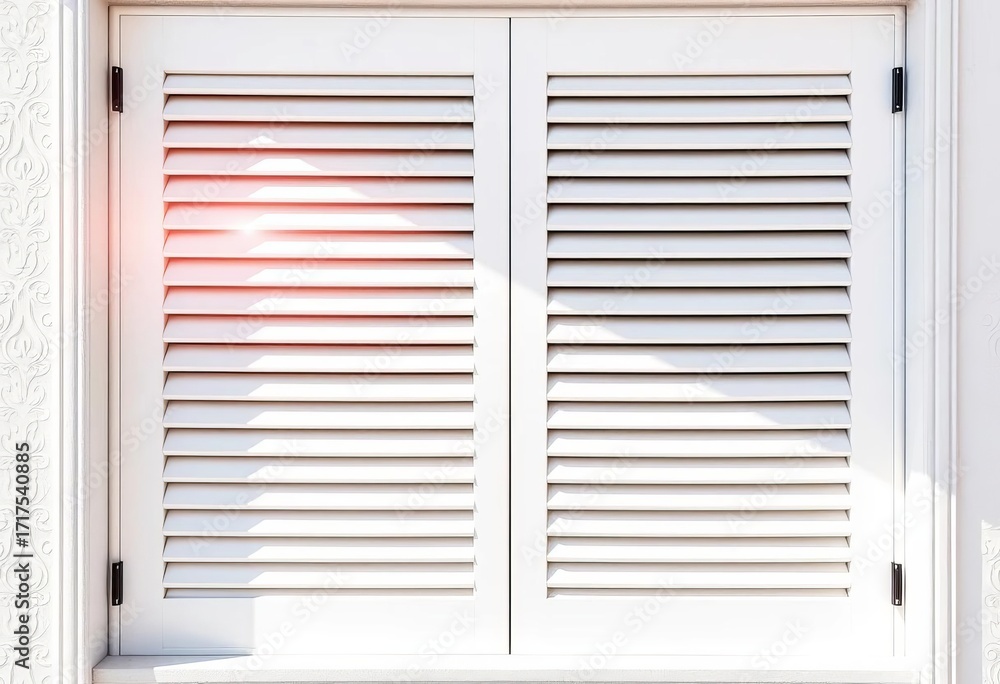 Fototapeta premium Elegant white window shutters, sunlight streaming through slats, daylight, clean