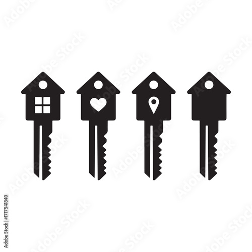 Four House Keys With Different Designs Representing Home Ownership Love and Security in a Black and White Vector Image