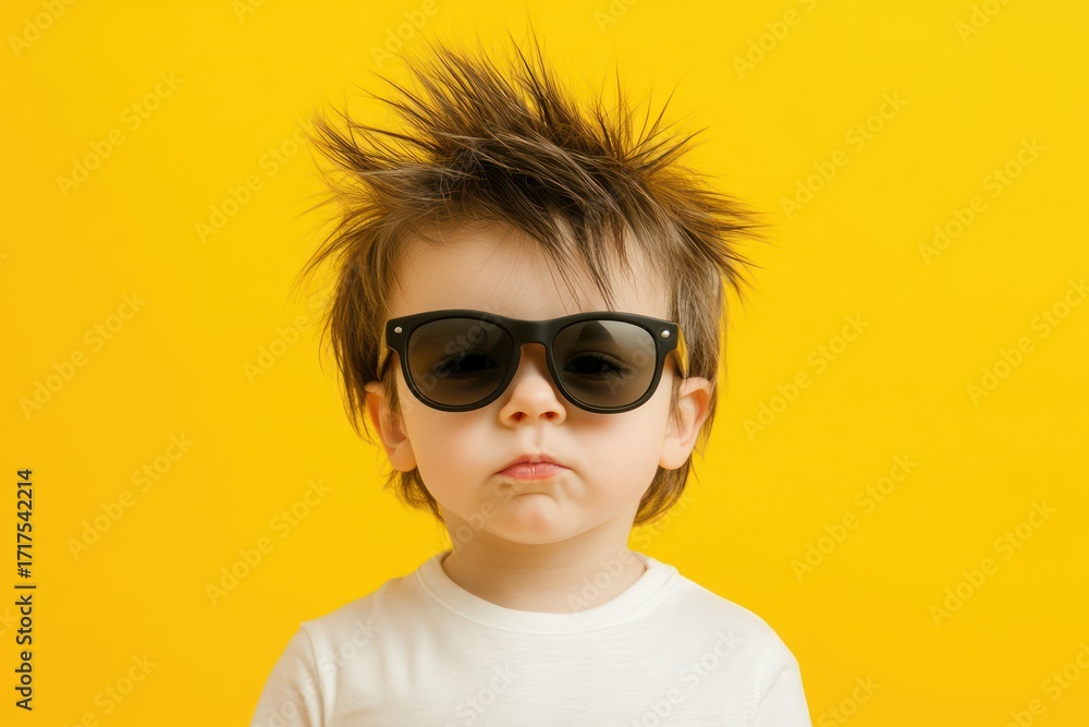 Fototapeta premium Toddler boy in sunglasses on yellow
