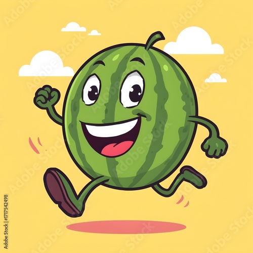 Cartoon watermelon character with arms and legs, joyfully dancing and racing with a big smile.